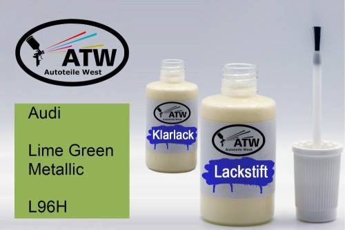 Audi, Lime Green Metallic, L96H: 20ml Lackstift + 20ml Klarlack - Set, von ATW Autoteile West.